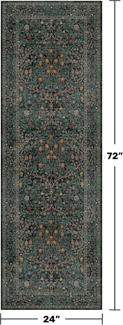 Non Slip 2x6 Kitchen Runner Rug Washable, Rubber Backed Bathroom Runner, Boho Vintage Floral Botanical Dark Green Non Skid Low Pile Soft Carpet for Entryway, Laundry Room, Hallway Mats for Floor