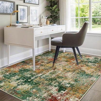 Washable Area Rugs 6'x9' Non-Slip Modern Abstract Soft for Living Room Entryway Bedroom Nursery, Print Pattern, Green Orange Rust Red Cream Colorful