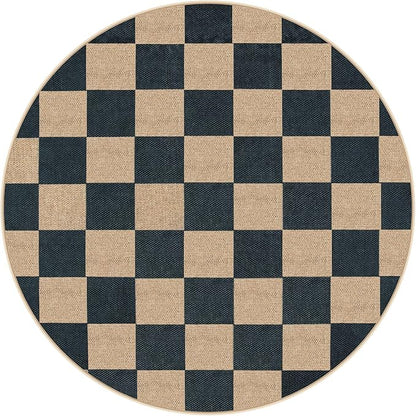 Lahome Colette Checkered 4 ft Easy Jute Round Rug, Washable Small Rugs for Entryway Patio, Farmhouse Non Slip Non Shedding Indoor Outdoor Circle Carpet for Kitchen Porch