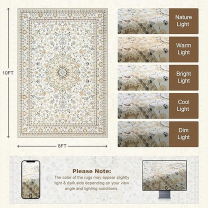 8x10 Area Rugs for Living Room: Washable Rug Soft Vintage Boho Carpet Indoor Floor Non-Slip Stain Resistant Floral Large Carpets for Bedroom Dining Room Farmhouse Nursery Home Office Beige