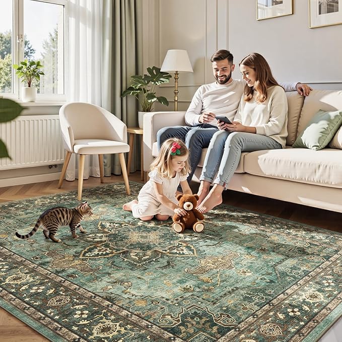 Lofus 6x9 Area Rugs for Living Room, Washable Area Rug, Rugs for Bedroom, Kitchen, Vintage Boho Carpet, Soft Non-Slip, Low Pile Large Area Rug for Office Dining Room, Green