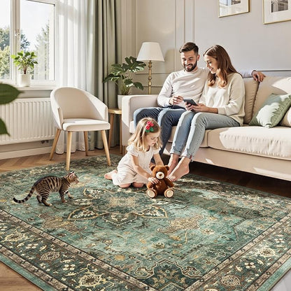 Lofus 6x9 Area Rugs for Living Room, Washable Area Rug, Rugs for Bedroom, Kitchen, Vintage Boho Carpet, Soft Non-Slip, Low Pile Large Area Rug for Office Dining Room, Green