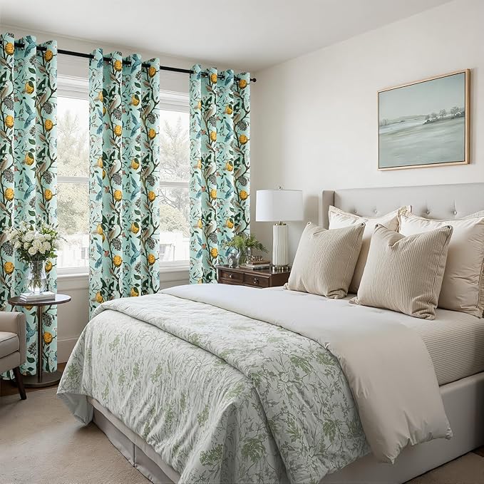 Topfinel Green Floral Curtains 84 Inches Long Vintage French Country Grommet Botanical Hummingbird Woodland Jungle Victorian Patterned Mint Green Lemon Drapes for Bedroom Dining Living Room