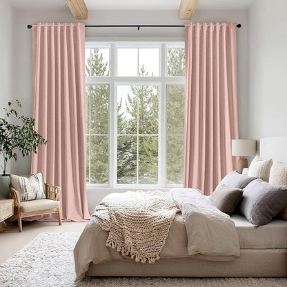 MIULEE 100% Blackout Linen Curtains for Bedroom, Blush Pink Solid Luxury Decor Thermal Insulation Room Darkening Drapes for Living Room Nursery Back Tab Rod Pocket 42 x 72 Inches, 2 Panels