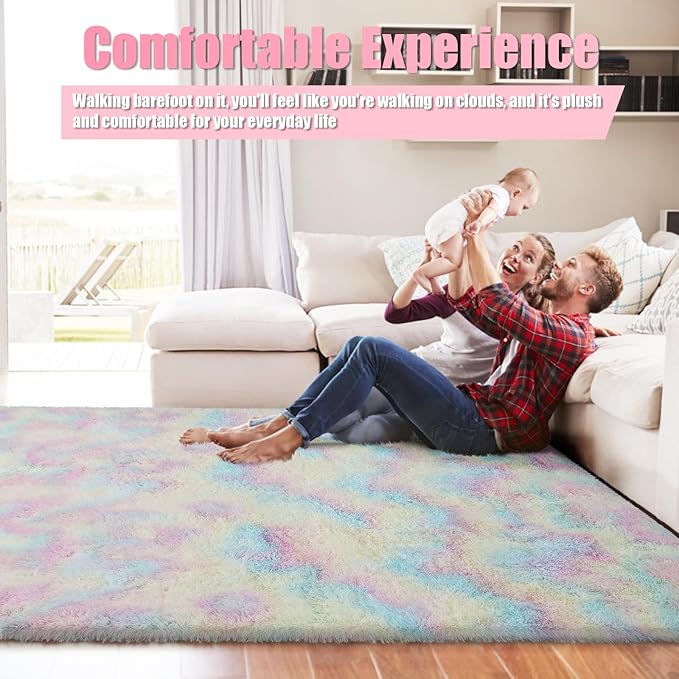 8x10 Fluffy Area Rugs for Living Room,Shag Area Rug for Bedroom,Soft Fuzzy Rug Non-Shedding Indoor Plush Carpet for Kids Bedroom Nursery Home Decor,Rainbow