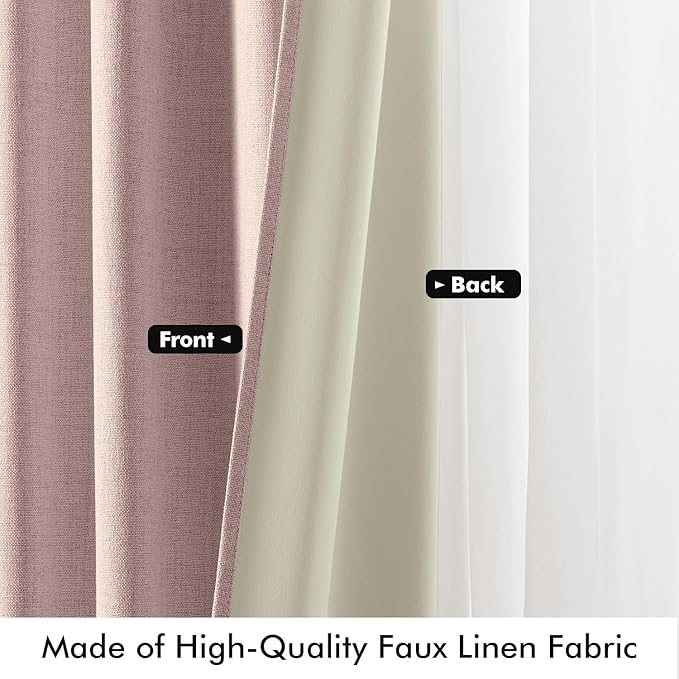 MIULEE 100% Blackout Linen Curtains for Bedroom, Pink Solid Luxury Decor Thermal Insulation Room Darkening Drapes for Living Room Nursery Back Tab Rod Pocket 42 x 84 Inches, 2 Panels