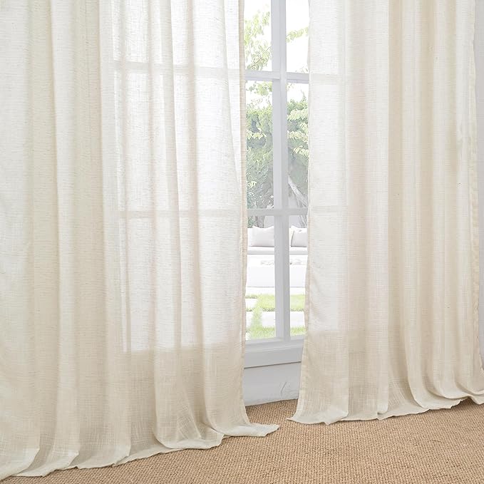 BGment Beige Linen Curtains 63 Inch Length for Living Room - Cream Semi Sheer Drapes Rod Pocket Rustic Natural for Bedroom Country Decorative Light Filtering, 2 Panels, Each Panel 52 Inch Wide
