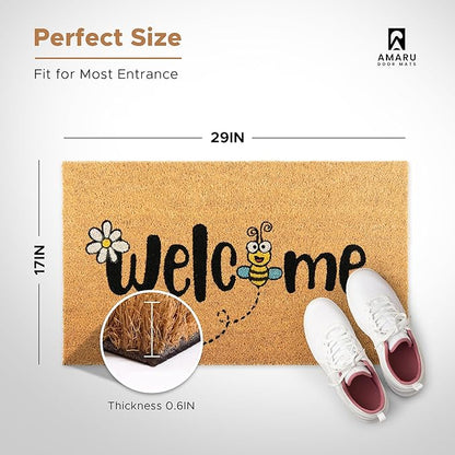 Bee - 17"x29" - Coir Door Mat with Heavy Duty Backing - Welcome Mats for Entryway, Porch - Anti-Slip PVC & Coconut Fiber Surface - Natural Home Accessories, Minimalist Original Design