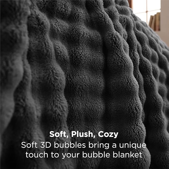 Bedsure 3D Fleece Bubble Blanket for Couch - GentleSoft Grey Twin Blanket for Sofa Bed Room Decor - Luxury Soft Cozy Gifts for Kids, Lightweight, All Seasons, Dark Grey, 60"×80"
