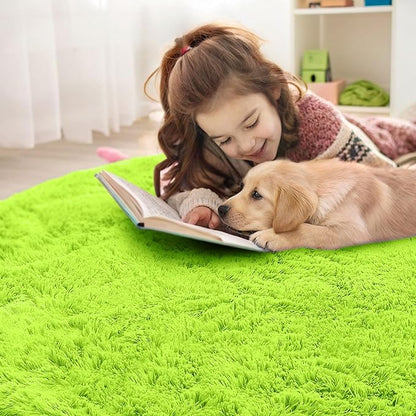 OLANLY Lime Green Round Rugs for Bedroom - Machine Washable, 5 ft Circle Area Rugs for Living Room, Soft and Fluffy Shaggy Carpet for Teen Girl and Boys, Nursery Rooms, Dorms, Home Decor Aesthetic