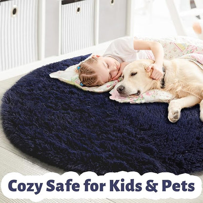 Amdrebio Dark Navy Round Rug 4Ft for Boys Room Bedroom, Fluffy Shag Fuzzy Plush Circle Area Rugs for Kids, Teens, Living Room Decor Aesthetic, Indigo Furry Cool Dark Blue Carpet for Dorm Baby Nursery