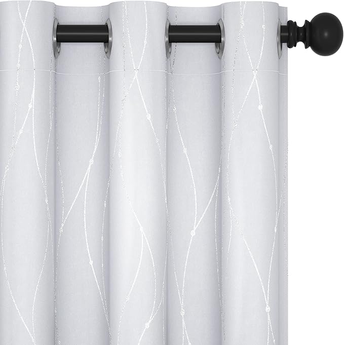Deconovo Living Room Curtains, Room Darkening Drapes, Thermal Insulated Soundproof Grommet Drape, Silver Wave Dot Print, 42 x 95 Inch Long, Machine Washable Window Panels for Sliding Door, Set of 2