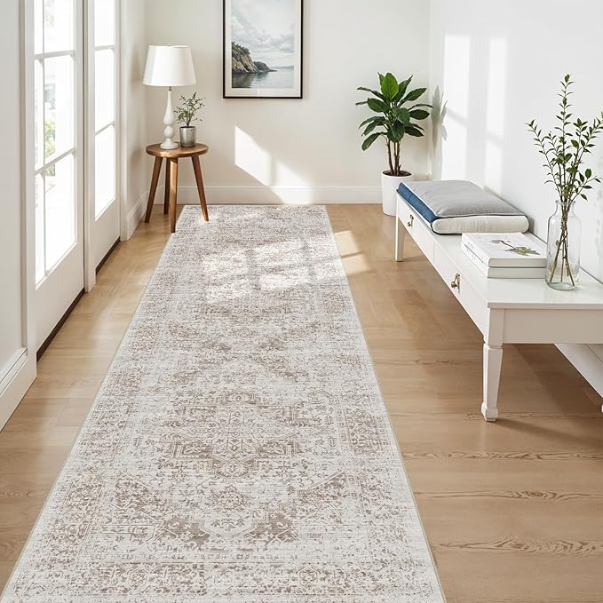 4x10 Washable Hallway Runner Rug - Wide Kitchen Runners Vintage Low Pile Carpet Soft Thin Floor Runner with Rubber Backing for Entryway Bedroom Living Room Home Decor (Cream/Camel)
