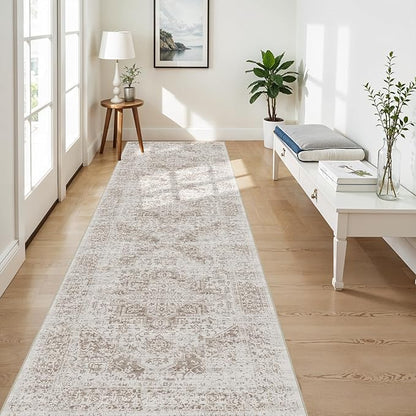 4x10 Washable Hallway Runner Rug - Wide Kitchen Runners Vintage Low Pile Carpet Soft Thin Floor Runner with Rubber Backing for Entryway Bedroom Living Room Home Decor (Cream/Camel)