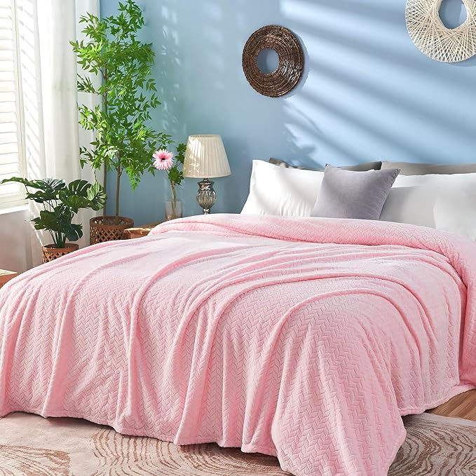 inhand Pink Fleece Queen Blanket for Bed, Super Soft Flannel Cozy Blankets for Adults, Lightweight Leaves Pattern Fuzzy Blanket for Office,Travel, Warm Plush Blankets for All Season, 90x90 Inches