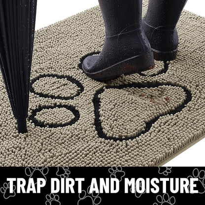 Smiry Dog Door Mat for Muddy Paws, Absorbent Dirt Trapper Non Slip Quick Dry Washable Chenille Mat for Mud Dogs, Entry Rug for Indoor and Outdoor (48x30 Inches, Warm Taupe and Black)