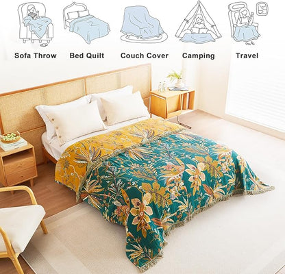 MSGKV Boho Throw Blanket for Couch 100% Cotton Embroidery Blanket 50"x60" Sofa Bed Chair Muslin Spring Breathable All Seasons Lightweight Farmhouse Blankets Home Decor