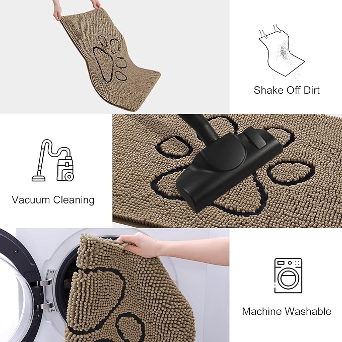 Smiry Dog Door Mat for Muddy Paws, Absorbent Dirt Trapper Non Slip Quick Dry Washable Chenille Mat for Mud Dogs, Entry Rug for Indoor and Outdoor (59x35 Inches, Camel and Black)