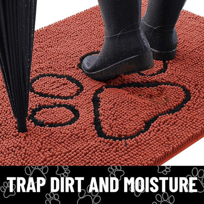 Smiry Dog Door Mat for Muddy Paws, Absorbent Dirt Trapper Non Slip Quick Dry Washable Chenille Mat for Mud Dogs, Entry Rug for Indoor and Outdoor (30x20 Inches, Maple Red and Black)