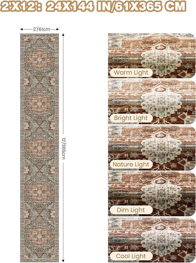 Hallway Runner Rug 2x12, Extra Long Washable Runner Rugs with Rubber Backing, Non Slip Runner, Vintage Rug Runners for Kitchen Laundry Room Entryway (Grey/Brown/Tan,2'x12')
