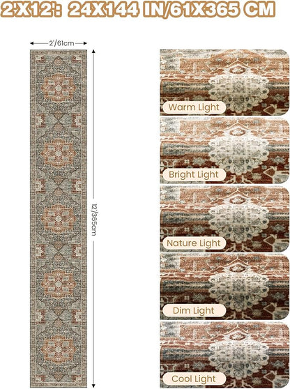 Hallway Runner Rug 2x12, Extra Long Washable Runner Rugs with Rubber Backing, Non Slip Runner, Vintage Rug Runners for Kitchen Laundry Room Entryway (Grey/Brown/Tan,2'x12')