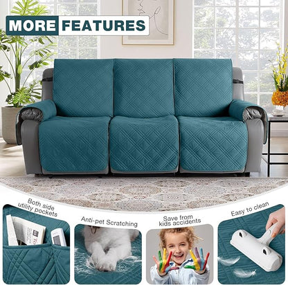 TAOCOCO 100% Waterproof Recliner Sofa Cover, Non Slip Split Couch Covers for Reclining Couches with Straps, Washable Reclining Sofa Cover Furniture Protector for Kids Pets(3 Seater, Peacock Blue)