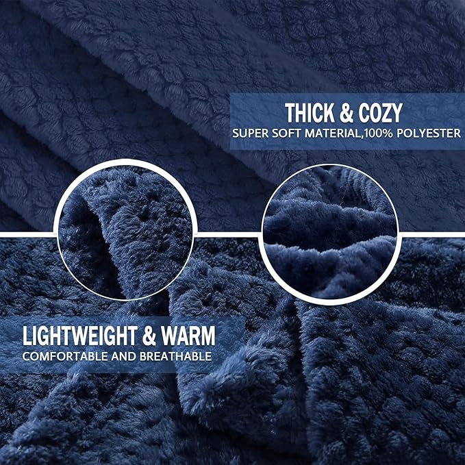 Exclusivo Mezcla Fleece Bed Blanket Twin Size, Super Soft and Warm Blankets for Couch, Sofa and Bed Waffle Textured, Cozy, Fuzzy and Lightweight (Navy Blue, 90x66 Inches)