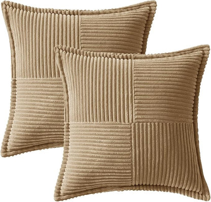 MIULEE Khaki Corduroy Decorative Euro Sham Pillow Covers 24x24 Inch with Splicing Set of 2 Soft Boho Pillow Covers Broadside Textured Pillowcases for Couch Bed Livingroom