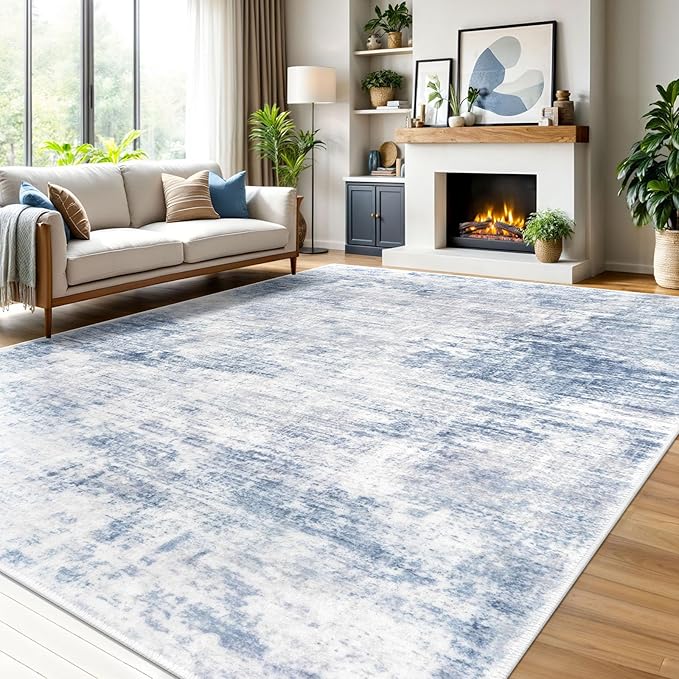 IOHOUZE Abstract Area Rugs 9x12 Ft Washable Large Rugs for Living Room, Non Slip Dining Room Rug, Printed Faux Wool Rugs for Bedroom, Floor Carpet for Office Nursery Playroom, Light Blue Grey