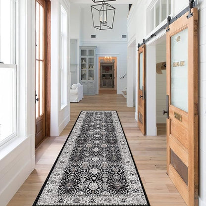 Hallway Washable Runner Rug - 2x7 Kitchen Rugs Entryway Rug Runner Vintage Soft Floor Mat Non Slip Indoor Farmhouse Carpet for Bathroom Living Room Bedroom (2 X 7, Black)