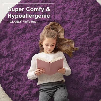OLANLY Dark Purple Round Rugs for Bedroom - Machine Washable, 4 ft Circle Area Rugs for Living Room, Soft and Fluffy Shaggy Carpet for Teen Girl and Boys, Nursery Rooms, Dorms, Home Decor Aesthetic