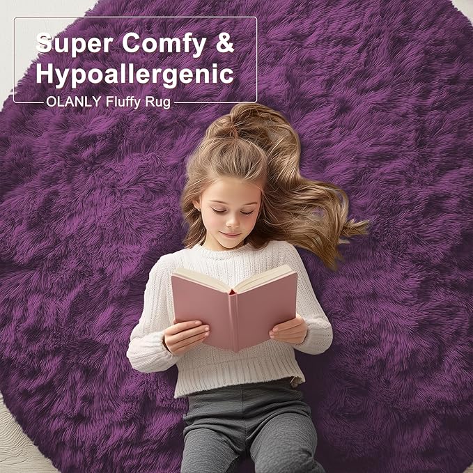 OLANLY Dark Purple Round Rugs for Bedroom - Machine Washable, 9 ft Circle Area Rugs for Living Room, Soft and Fluffy Shaggy Carpet for Teen Girl and Boys, Nursery Rooms, Dorms, Home Decor Aesthetic