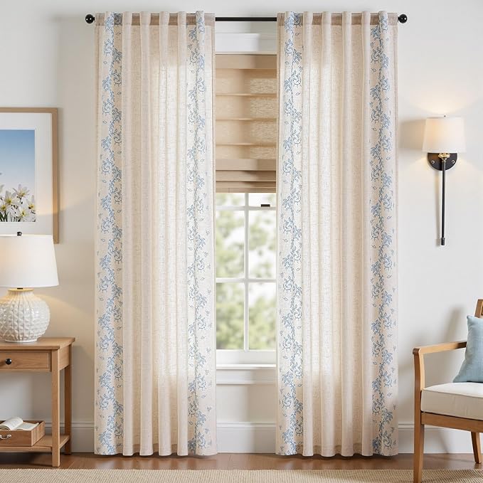 jinchan Evelyn Embroidered Linen Curtains 84 inch Long 2 Panels Blue Curtains for Living Room Bedroom Farmhouse Cottage Core Semi Sheer Light Filtering Floral Window Drapes Rod Pocket Back Tab