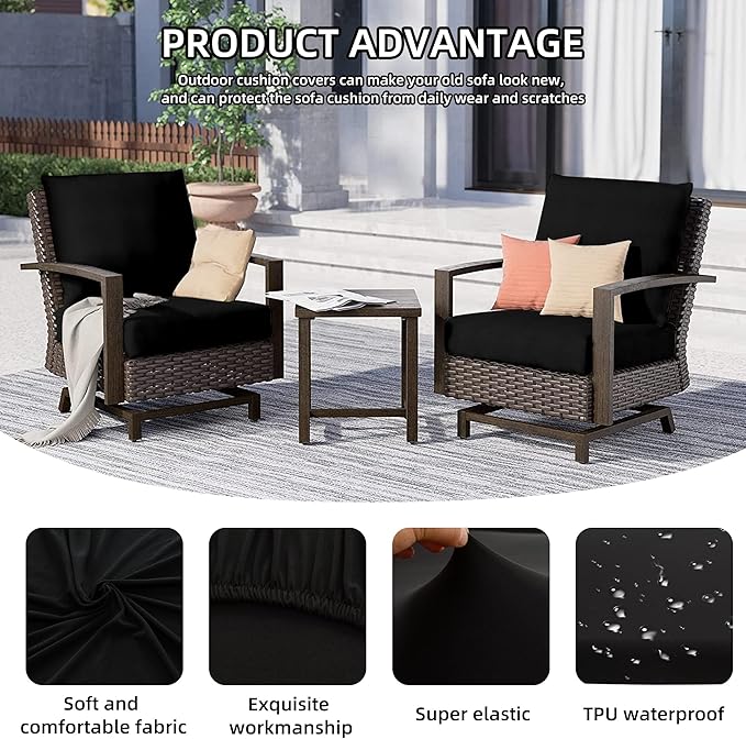 14Pcs Outdoor Cushion Covers, Patio Cushion Covers,Stretch Elastic Slipcovers, Replacement Washable & Reusable Furniture Protector for Patio Couch (Black,Cover Only)