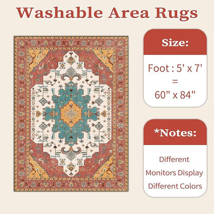 SERISSA Boho Area Rug 5x7 Orange, Washable Large Rugs for Living Room, Ultra Soft Non-Slip Bedroom Rug Print Distressed Vintage Tribal Farmhouse Carpet Rug for Dining Room Dorm Office Home Decor