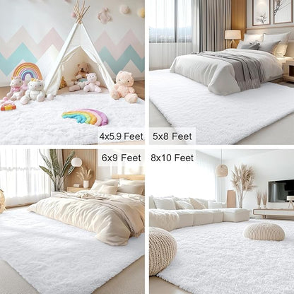 OLANLY 6x7 Area Rugs for Living Room Bedroom, Machine Washable Soft Fluffy Shaggy Bedside Rug, Indoor Floor Carpet for Kids Girls and Boys, Dorms, Nursery Rooms, Home Decor Aesthetic, White