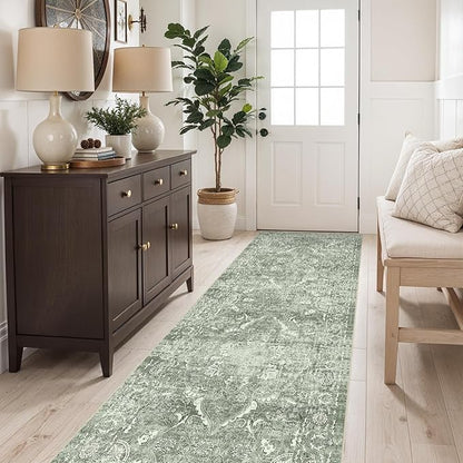 2'6"x8' Washable Hallway Runner Rug - Non Slip Kitchen Runner Rugs with Rubber Backing Vintage Low-Pile Carpet Runners for Entryway Dining Room Laundry Room Home Decor (Muted Sage Green)