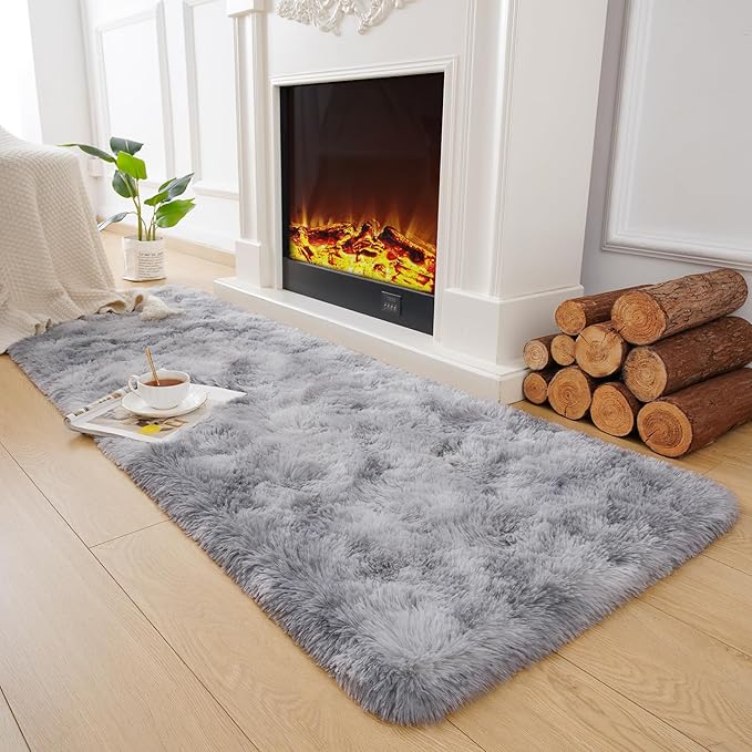 Chicrug Soft Runner Rugs for Bedroom Living Room Plush Fluffy Rug 2x10 Feet, Shag Furry Area Rug Carpet Non Shedding for Nursery Children Kids Girls Room Home Decorative, Grey and White