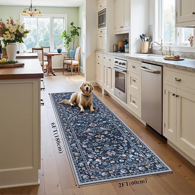 HEBE Washable Hallway Runner Rug 2'x 6' Non Slip Kitchen Rugs Runner,Low Pile Entryway Rug Laundry Room Mat Floral Carpet Runners for Hallways, Kitchen,Bathroom,Laundry,Bedside Rug