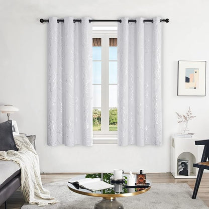 Deconovo Greyish White Curtains, Room Darkening Short Curtain, Thermal Insulated Soundproof Drapes, Silver Branch Print, 42 x 45 Inch, Grommet Window Panel for Small Windows Bedroom Kitchen, Set of 2