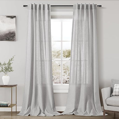 Nanspring Grey Linen Semi Sheer Curtains 108 Inches Long 2 Panels Back Tab Loop Pocket Boho Large Window Curtains Extra Long Light Filtering Drapes High Ceiling Curtains for Living Room 40x108