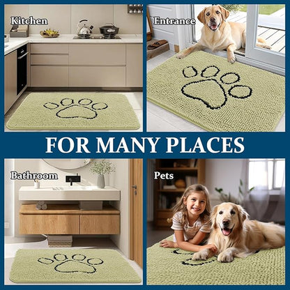OLANLY Dog Door Mat for Muddy Paws 36x24, Paw Print Design, Absorbs Moisture and Dirt, Absorbent Non-Slip Washable Doormat, Quick Dry Chenille Mud Mat for Dogs, Entry Indoor Entryway Carpet, Vanilla