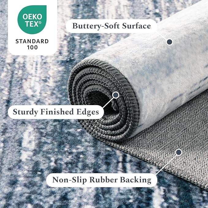 Rugflix 9x12 Large Area Rug, Washable Rug for Living Room, Non Slip, Soft Low Pile, Modern Abstract Blue Grey Indoor Carpet for Bedroom, Dining Room, Home Office, Large Room
