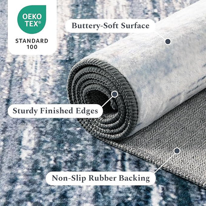 Rugflix 9x12 Large Area Rug, Washable Rug for Living Room, Non Slip, Soft Low Pile, Modern Abstract Blue Grey Indoor Carpet for Bedroom, Dining Room, Home Office, Large Room