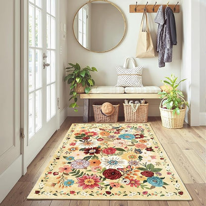 Floral Machine Washable Rug, 3x5 Rug Non Slip Soft Bedroom Rugs for Entryway Dorm, Ultra-Thin Rugs for Bedroom Stain Resistan(3 x 5, Yellow Garden)