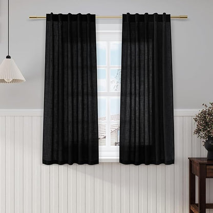 Nanspring Black Cafe Curtains 54 Inch Length Set 2 Panel Back Tab Pocket Semi Sheer Short Linen Black Curtain Tiers for Small Bathroom Window Basement Farmhouse Decor 38x54