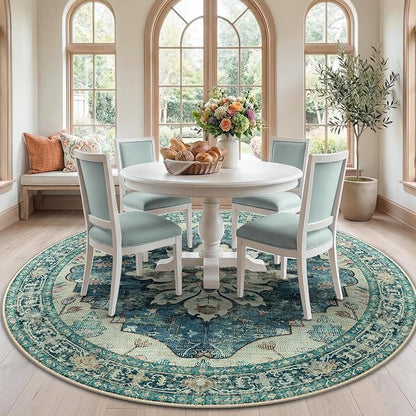 Area Rugs 7ft Washable Non-Slip, Floral Vintage Distress Print Pattern Medallion Carpet for Living Room Bedroom Dining Room, Dark Blue Vintage