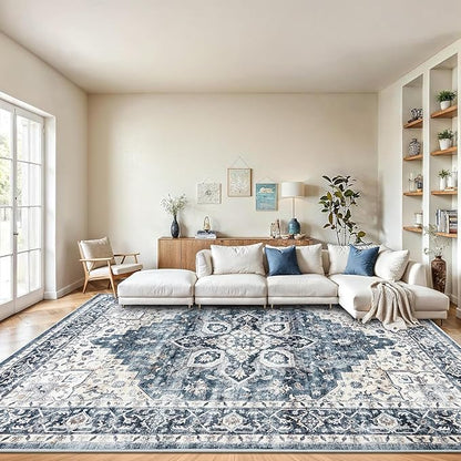 AMADA HOMEFURNISHING 10x14 Washable Area Rug, Low-Profile Large Area Rug with Non-Slip Backing & Durable Edge Binding, Vintage Large Rugs for Living Room, Bedroom & Dinning Room
