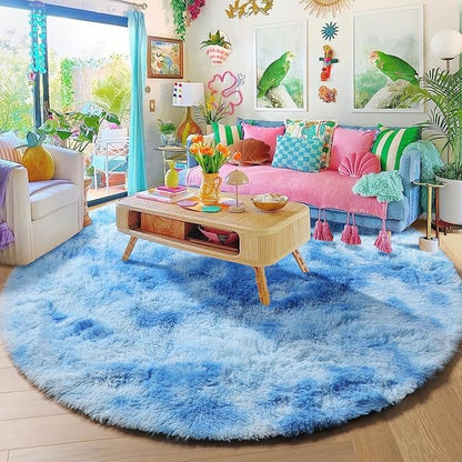 Amdrebio Tie-Dyed Light Blue Round Circle Rug 5Ft for Girls Bedroom, Soft Cute Fluffy Area Rugs for Boys, Kids Room Decor, Plush Shaggy Fuzzy Stitch Carpet for Baby Nursery Playroom Classroom Dorm