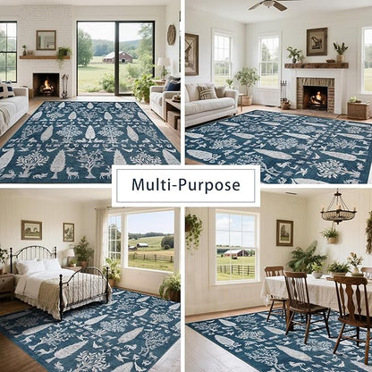 Washable Rugs 8x10 Area Rugs for Living Room,Bedroom,Dining Room- Large Ultra Soft Faux Wool Retro Carpet,Non Slip&Non-Shedding Low Pile Vintage Print Rug for Home Office Dorm Playroom-Blue